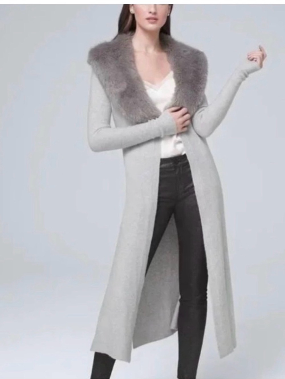 WHBM-Long Light Gray Cardigan with Faux Fur Collar - Women Sweaters